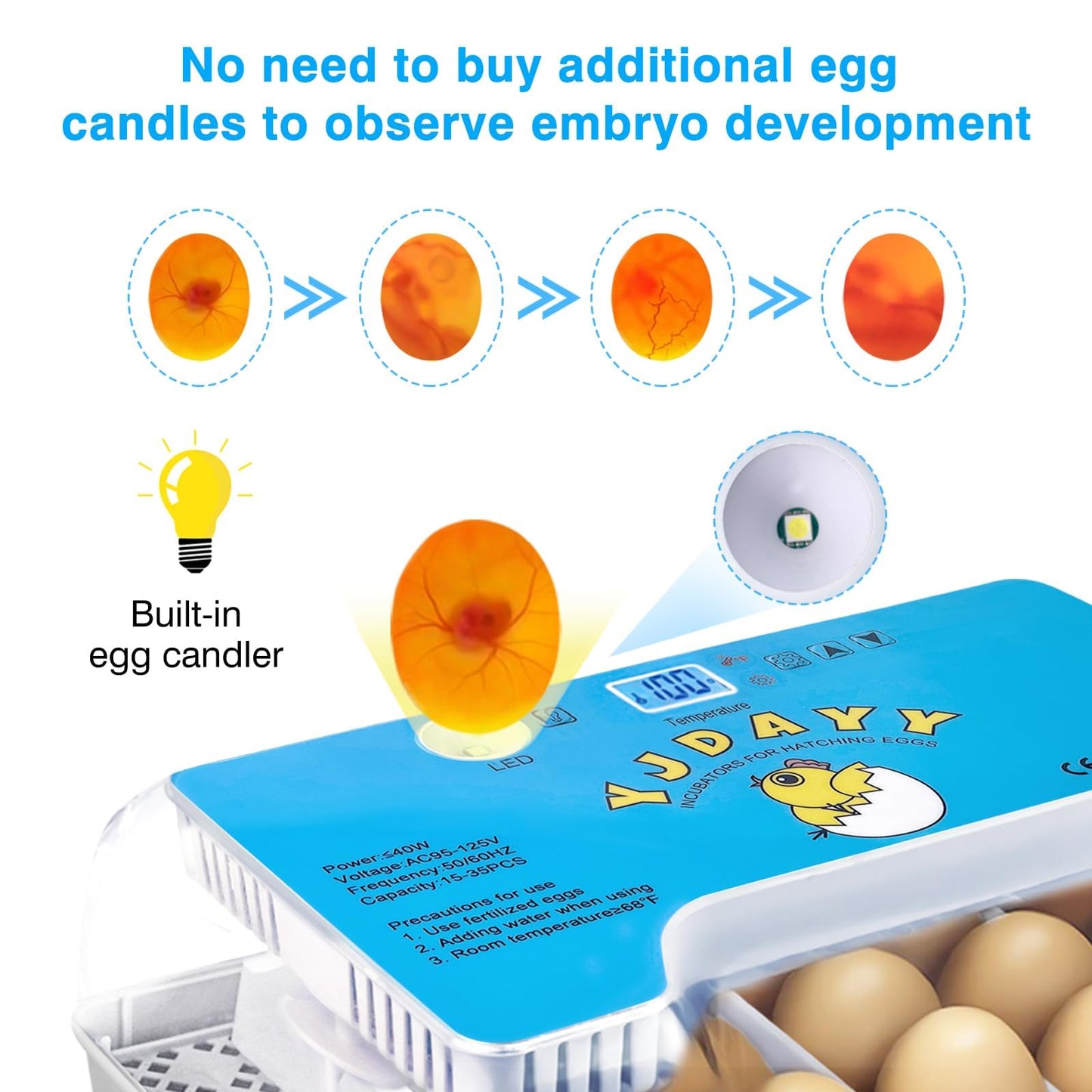 Incubators for Hatching Eggs 15-35 Eggs Incubator with Automatic Egg Turning and ℉Temperature Display LED Candler Poultry Incubator for Hatching Chicken Duck and Quail Incubator (Blue)