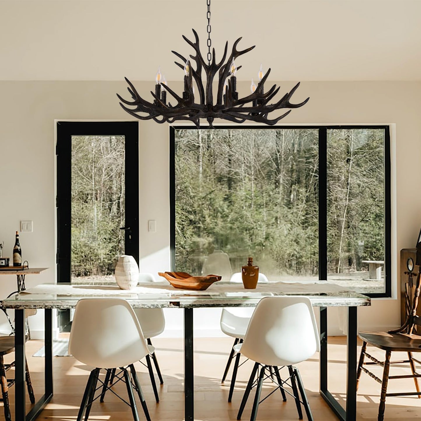 Uboxin Rustic Antler Chandelier Dark Brown 8 Light E12 Vintage Farmhouse Deer Horn Ceiling Light with Adjustable Chain for Living Room Dining Room Cabin Bar Cafe (8 Lights +3 Arms)