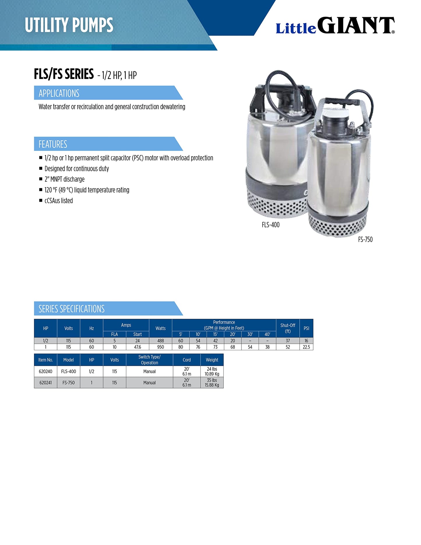 Little Giant FLS-400, 115-Volt, 3600 GPH, 1/2 HP Heavy-Duty Manual Stainless Steel Submersible Utility Pump with 20-Ft. Cord, Steel, 620240