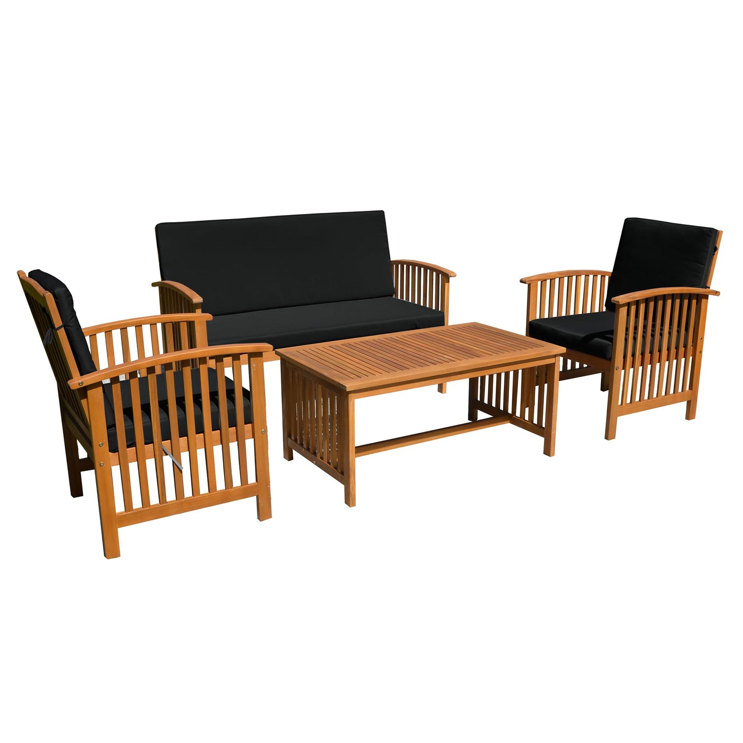 Greemotion Kyushu Farmhouse Acacia Wood 4-Piece Patio Set with Weather-Resistant, Include Tie-Back Cushions for Deck, Backyard, Lawn, Garden, Black and Natural Brown