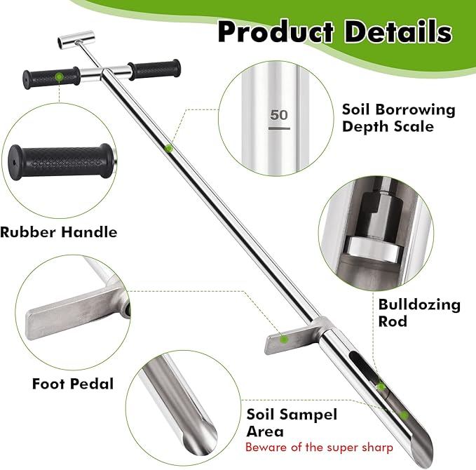 YJINGRUI Soil Probe 40 Inch, Soil Sampler Probe 304 Stainless Steel with Ejector and Foot Pedal, Soil Test Kits for Lawn Garden Farm Soil Sampling