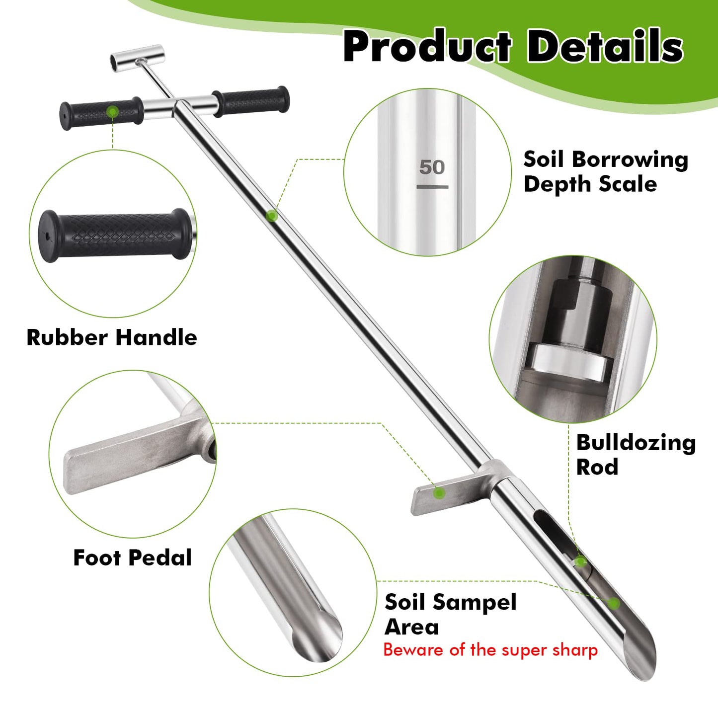 YJINGRUI Soil Probe 40 Inch, Soil Sampler Probe 304 Stainless Steel with Ejector and Foot Pedal, Soil Test Kits for Lawn Garden Farm Soil Sampling