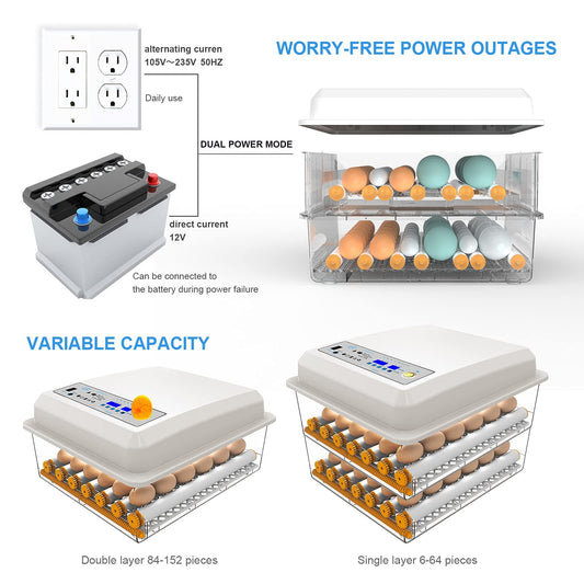 90-120 Fully Automatic Incubator, Automatic Egg Turner ，with Humidity & Temperature Control, Brooder Incubators for Hatching Eggs Quail Parrot Duck Bird