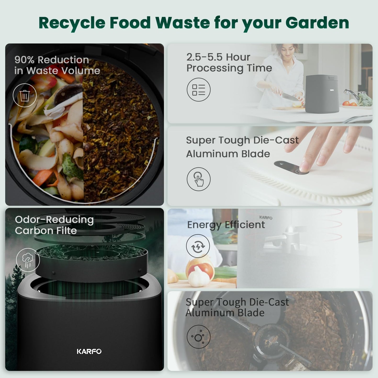 Karfo Electric Composter for Kitchen, Smart Compost Bin Outdoor/Indoor, Odorless Single-Button Auto Operation, Turn Food Waste to Fertilizer for Plants, Food Waste Compost Machine（White）
