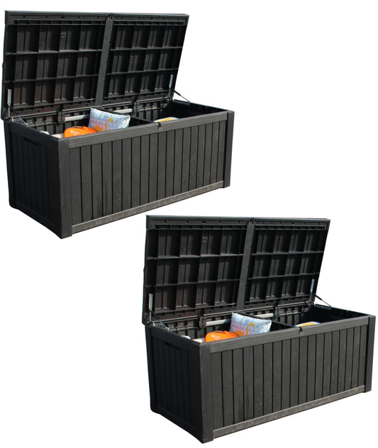 BTEXPERT 150 Gallon Large Resin Deck Box, Outdoor Storage Container with Metal Rods & Partition for Patio Furniture Cushions Garden Tools Equipment Waterproof Lockable UV Resistant Set of 2