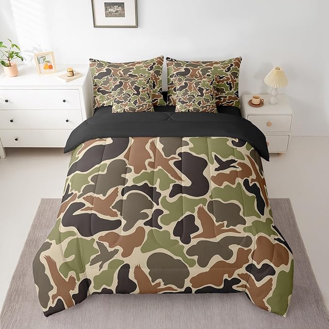 Feelyou Duck Hunter Green Camouflage Hunting 7 Pieces Bedding Set, Queen Size Black Brown All Season,Bed in a Bag with Comforter, Sheets, Pillowcases Camo Army Bed Set Breathable Wild Room Decor