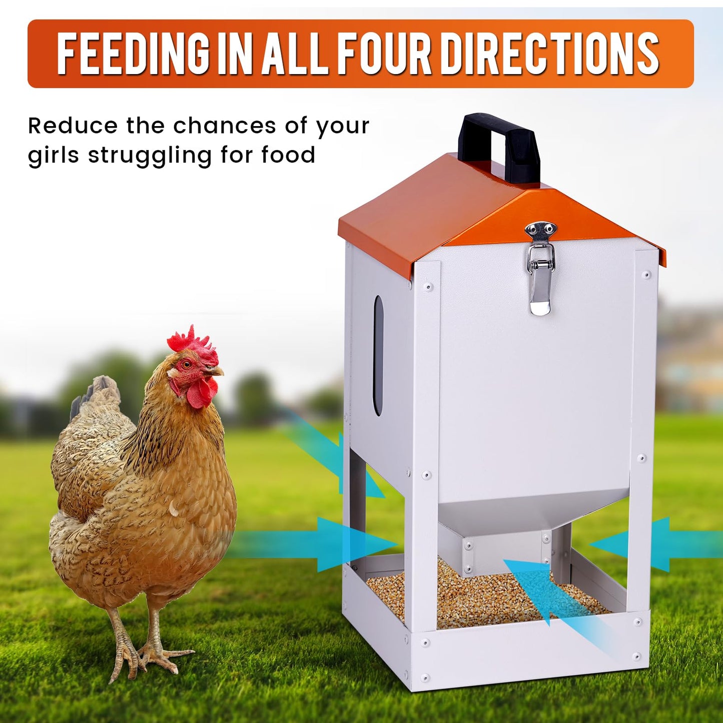 Galvanized Automatic Chicken Feeder No Waste 20lbs Large Metal Chicken Feeders Trough Dispenser Outdoor Poultry Feeders with Visual Window and Weatherproof Lid for Chickens Ducks Geese Turkeys Quails