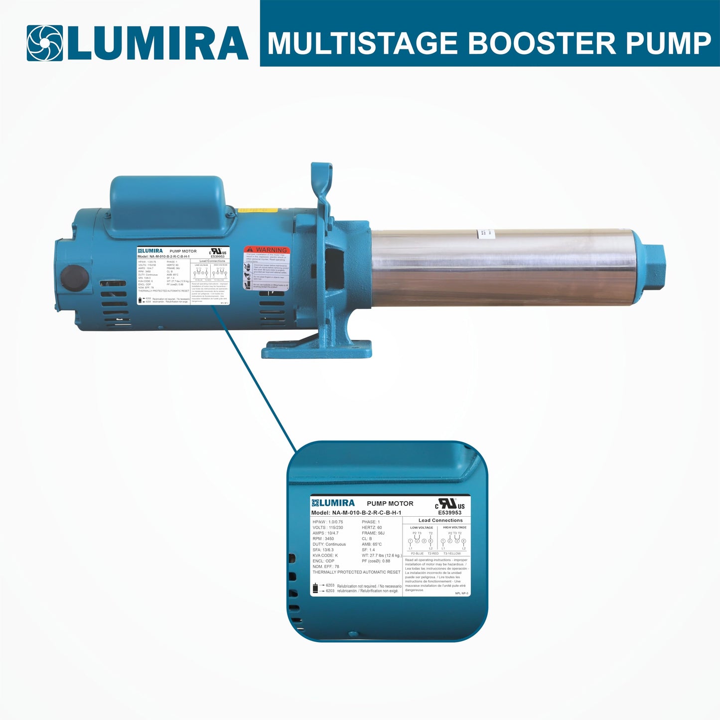 LUMIRA Multi stage booster pump - 7 GPM,12 STAGE, 1 hp, 115/230 Volts, 1 phase, 1" FNPT connections