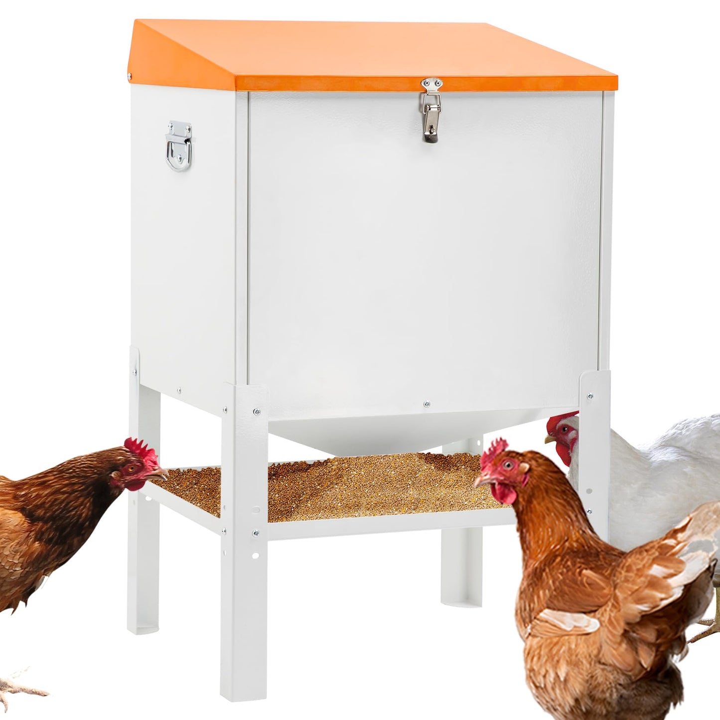Toriexon Chicken Feeder, 50LBS Capacity Metal Poultry Feeder (16” x 12.5” x 24.5”) for 10 Chickens, Powder-Coated Steel Feeder w/Waterproof Lid and Stainless Handles