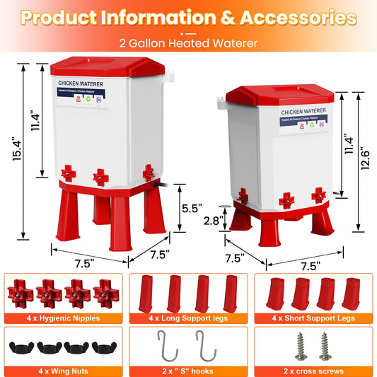 Nexum Heated Chicken Waterer - 2 Gallon Winter-Proof Poultry Drinker with Nipples and Stand, Auto Thermostat for Chickens, Ducks & Quail - Freeze-Resistant, Easy Fill (Red, 2 Gallon)
