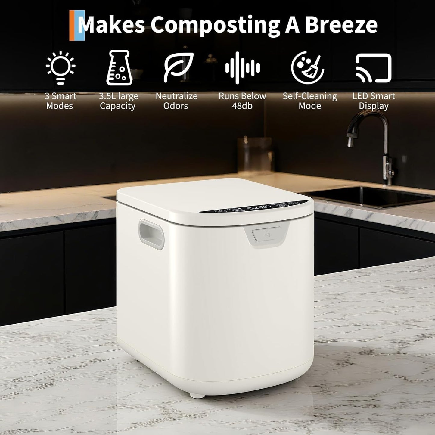 Tioutbot Electric Composter Countertop - 3.5L Kitchen Odorless Compost Bin, 3 Modes Smart Food Waste Compost Machine, Auto Cleaning, LED Display, Low Noise, Food Waste to Fertilizer Conversion