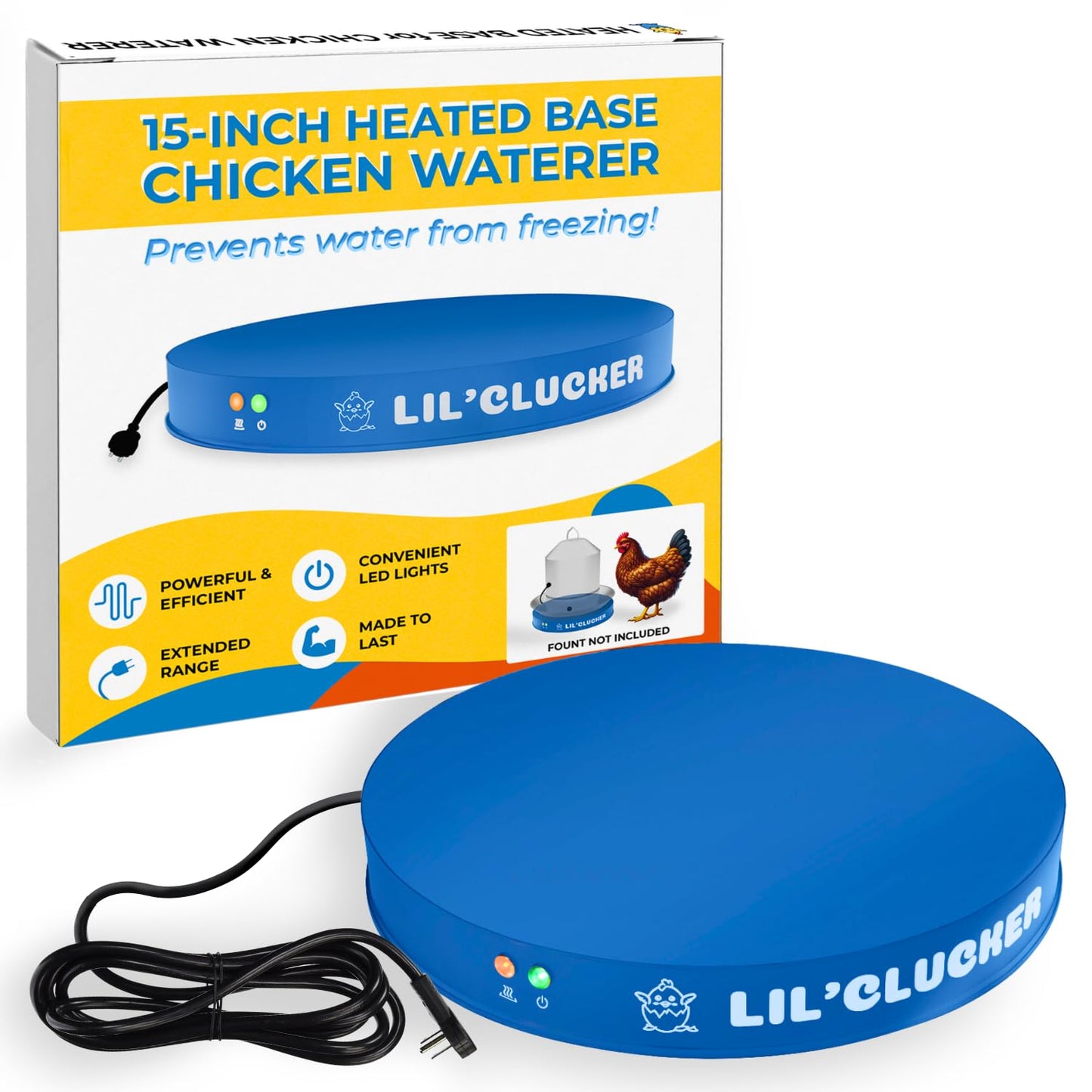 Lil'Clucker Heated Base for Chicken Waterer – Automatic Metal Freeze Proof Heated Chicken Waterer with Heater & LED – Poultry Heated Waterer for Winter (Blue, 15 Inch)