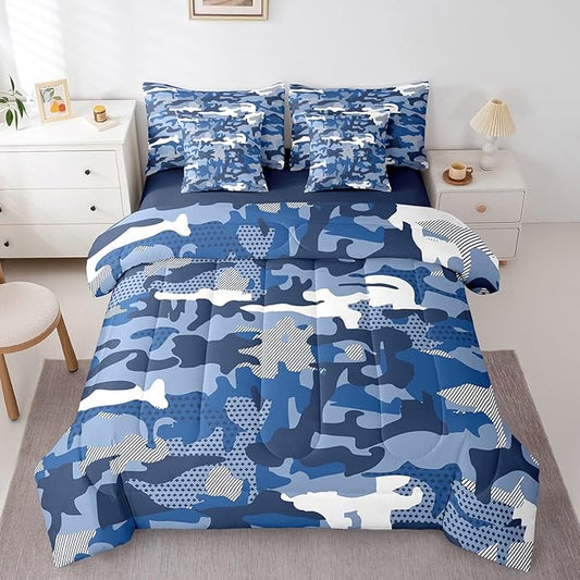 jejeloiu Kids Blue Camouflage Comforter Set with Sheets Full Size Vintage Camo 7 Pieces Bedding Set for Boys Girls Bedroom Decor Military Style Abstract Geometric Disruptive Pattern Bed in a Bag Soft