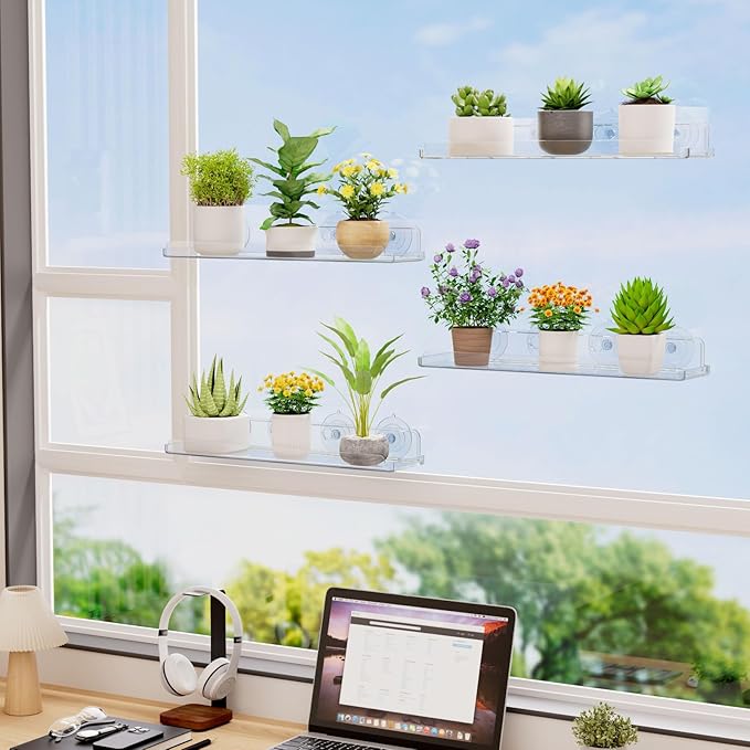 Lifewit Window Plant Floating Shelves 15 x 4 inch, 4 Pack Acrylic Suction Cup Shelf, Window Sill Extender for Indoor Succulent Plants, Micro Greens, Seed Starter Pots, Herb Planters