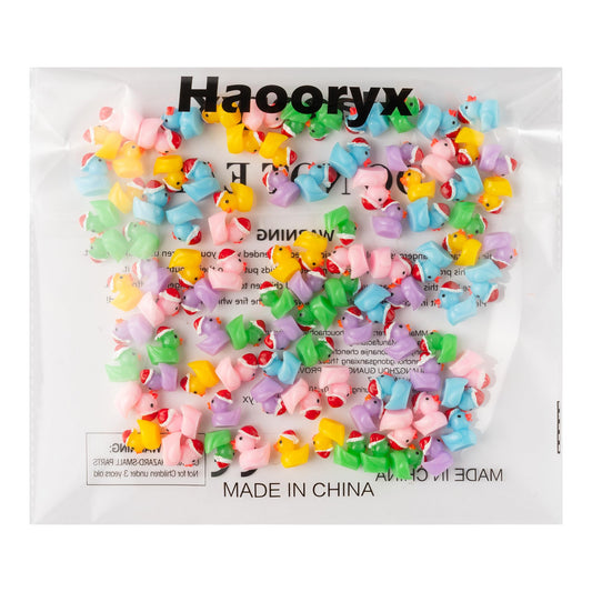 Haooryx Christmas Mini Resin Ducks - 100Pcs Miniature Christmas Hat Duck Figures Colorful Tiny Duck Ornaments Micro Landscape Fairy Garden Aquarium Dollhouse Accessories for Xmas Birthday Party Decor