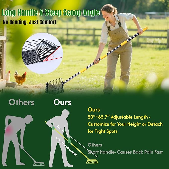 Chicken Coop Poop Scooper with Rake - Ergonomic 12" Sand Sifter Scoop, 65"Adjustable Long Handle, Heavy Duty Litter Pooper Cleaning Tool for Dust Bath,Chicken Run,Dog Yard, Farm Animals