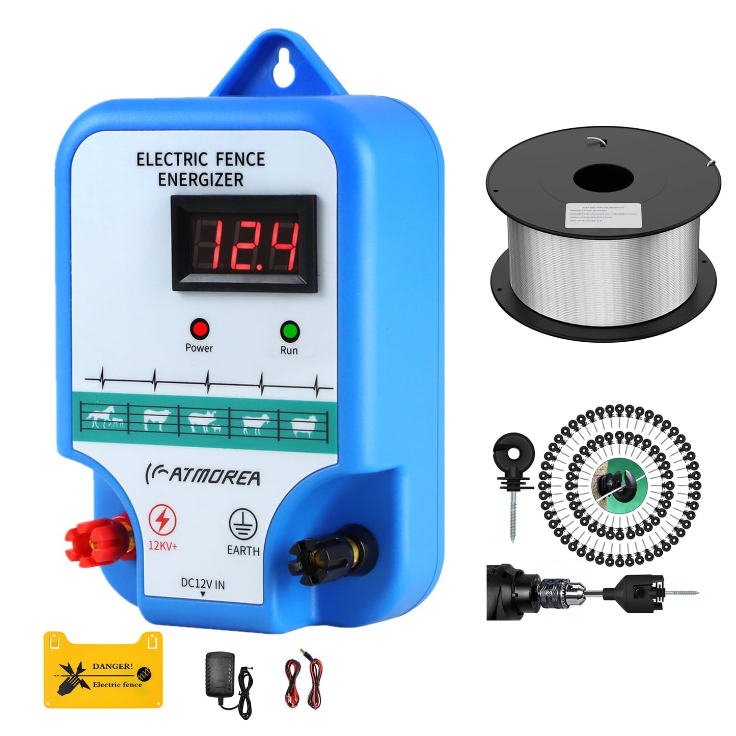 ATMOREA Electric Fence Charger kit, 12 kV High-Power Energizer with LED Display + 1640ft (500m) Aluminum Magnesium Alloy Wire + 100 Pcs Electric Fence Insulator