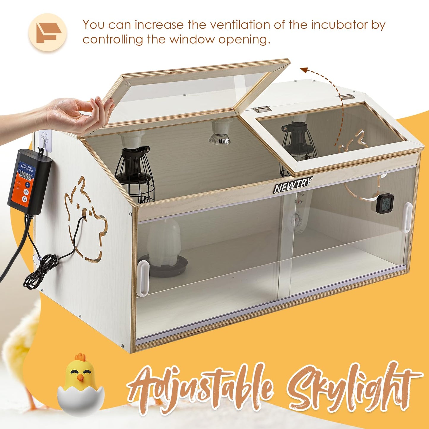 NEWTRY Chicken Brooder Box 32” Intelligent Sliding-Door Chick Brooder with 3 Heating Lamp, 1 Temp Controller, 2 Types of Thermometer Brooder Box up to 35 Chicks Quail Birds