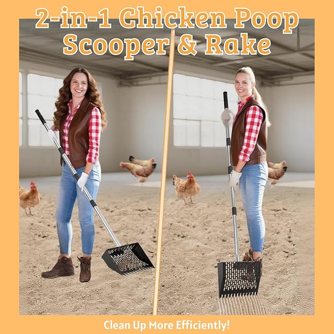 Metal Chicken Poop Scooper & Rake 2-in-1 Stainless Steel Shovel Head & Adjustable Handle with Ergonomic Grip Durable Sand Sifting Litter Shovel for Chicken Coops & Small Farm Animals