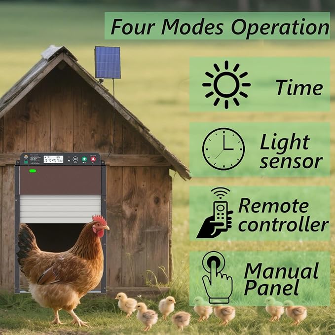 Automatic Chicken Coop Door Solar Powered with Timer&Light Sensor&Manual&Remote, Roller Chicken Door Opener, Anti Pinch,Large Poultry Aluminum Alloy Run Chicken Door with Battery