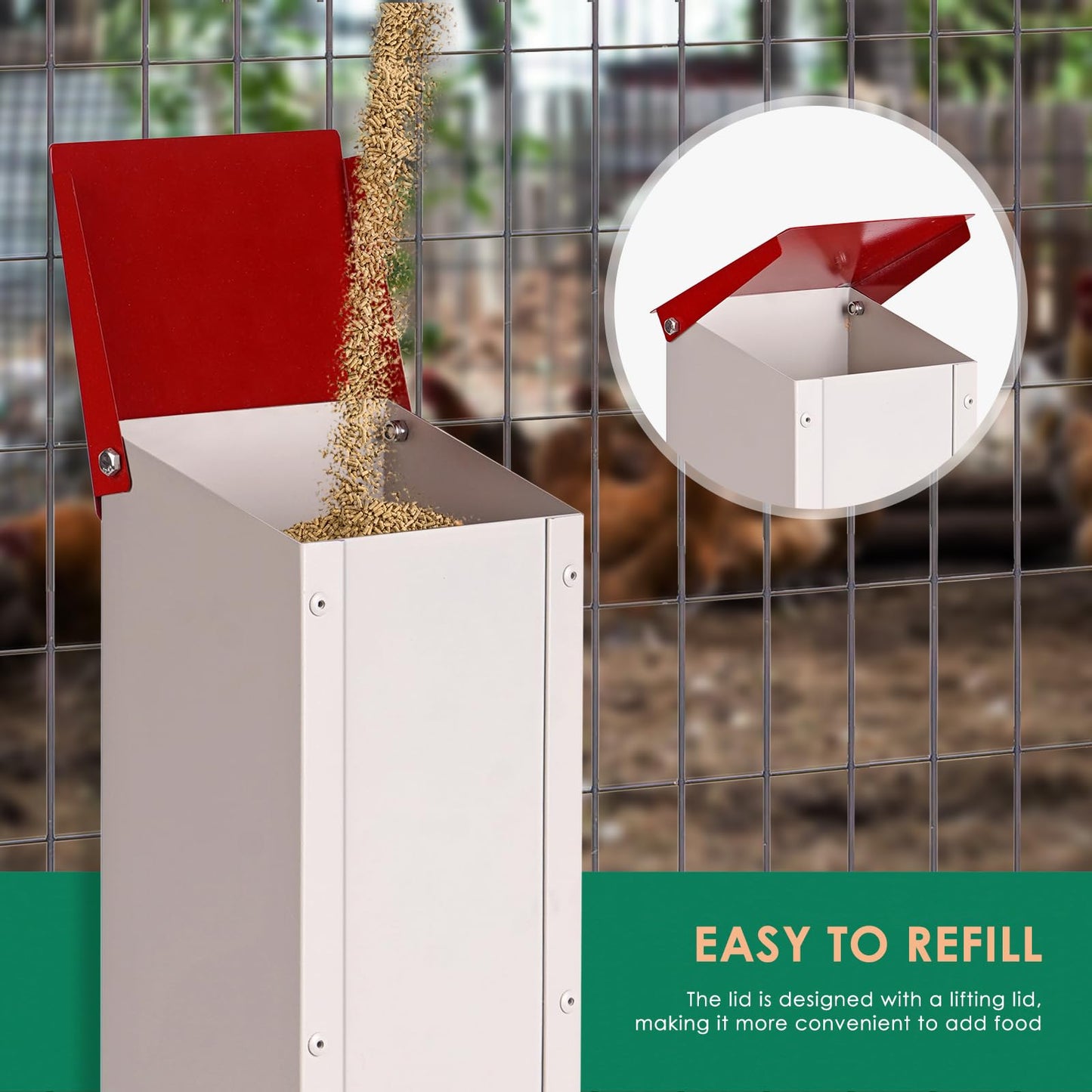 KHEARPSL Galvanized Chicken Feeder Hanging Chicken Coop Feeder Automatic Gravity Feeder Outdoor Weatherproof Metal Poultry Feeder with Lid Holds 8Lbs of Feed, No Waste Design