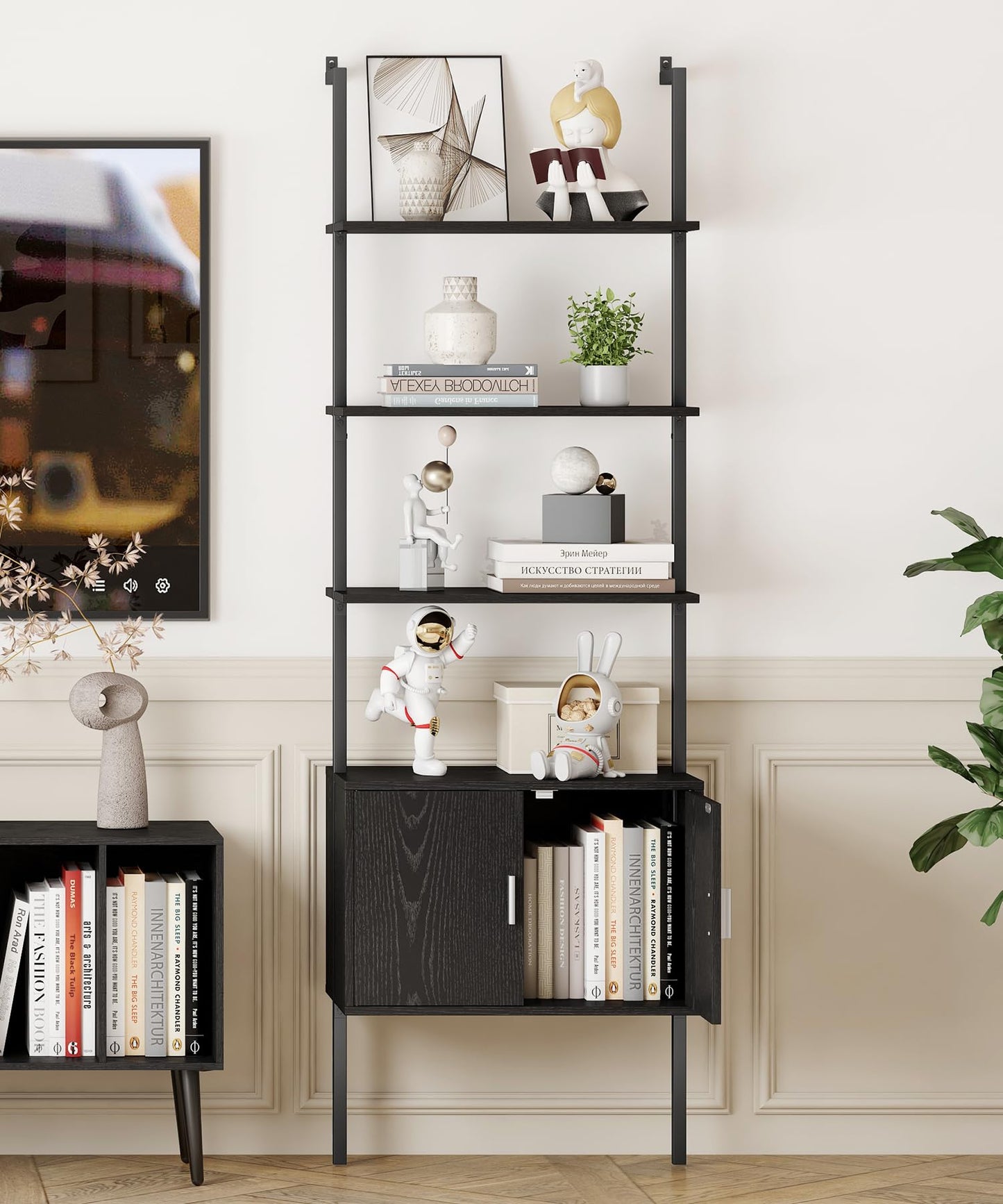 Yusong 73" Tall Bookshelf with Cabinet, Industrial Ladder Wall Mount Shelf Bookcase with Wood and Metal Frame, Plant Shelf Wall Storage Display for Living Room Bedroom, Black Wood Grain