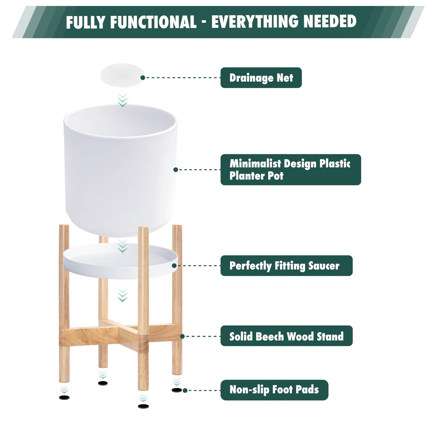 D'vine Dev Planter Pot with Stand - 16 Inch Plastic Cylinder Flower Pot with Wood Planter Holder for Indoor, Matte White Pot + Natural Stand, 55-C-Y-1
