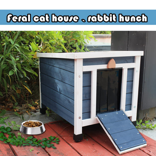 Rockever Outdoor Cat House,Outdoor cat Houses for Feral Cats Weatherproof Rabbit Hutch Small, Wooden Small Pet House and Habitats-Blue
