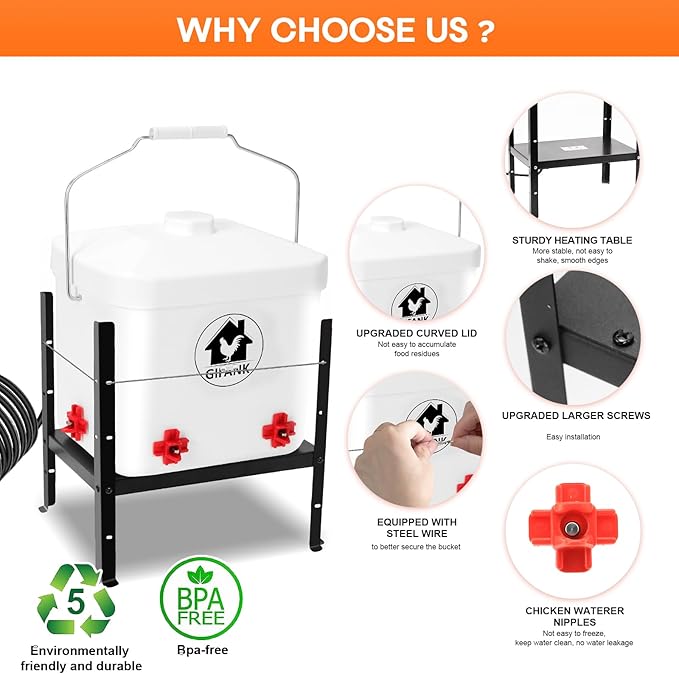3 Gallon Heated Chicken Waterer for Winter Automatic Heated Chicken Waterer Adsjustable Height Poultry Drinker Heater Anti-Freezing Watering System for Chicken Coop Accessories