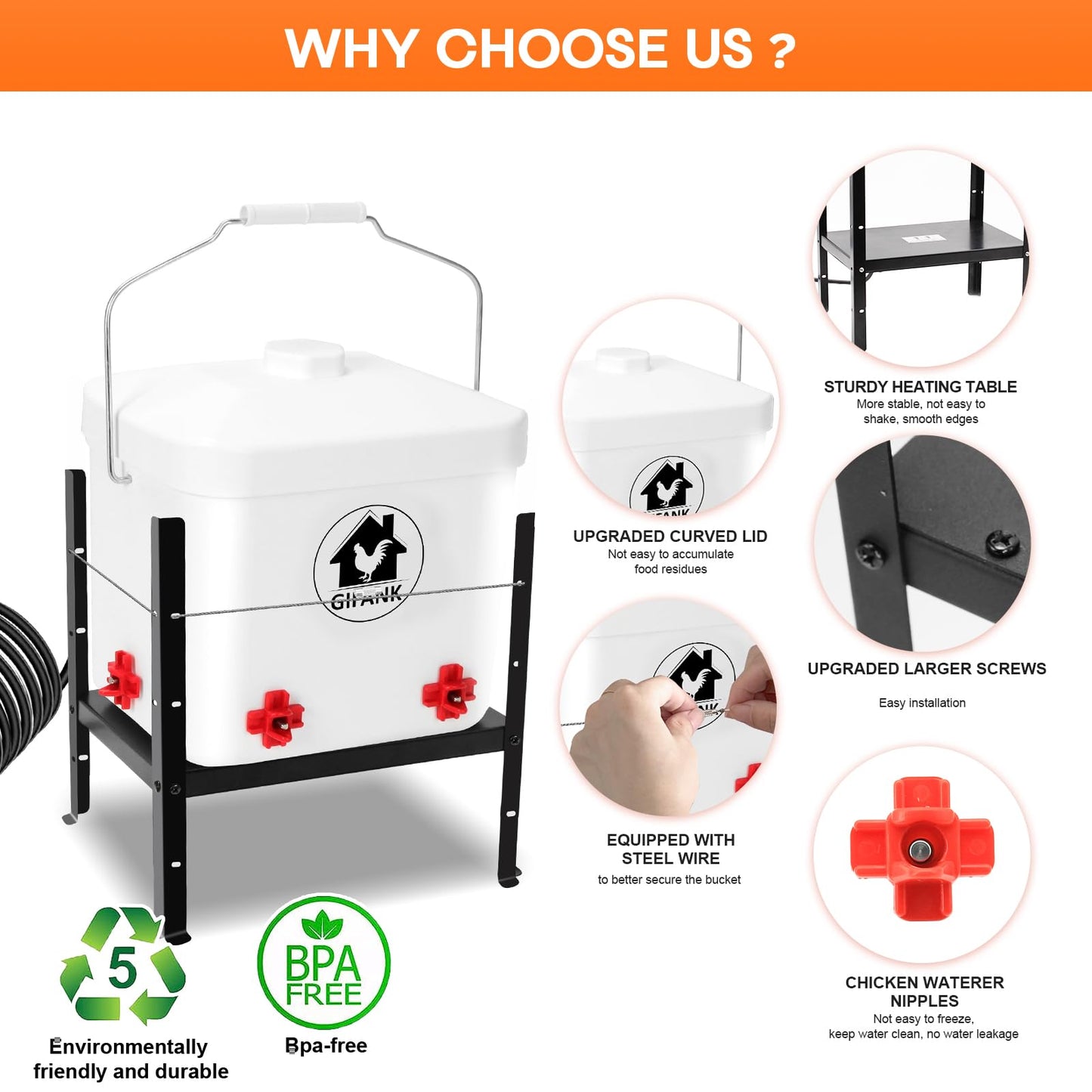 3 Gallon Heated Chicken Waterer for Winter Automatic Heated Chicken Waterer Adsjustable Height Poultry Drinker Heater Anti-Freezing Watering System for Chicken Coop Accessories
