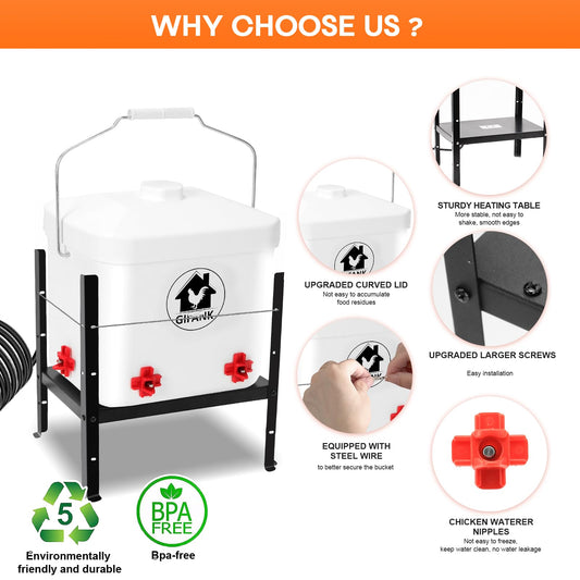 3 Gallon Heated Chicken Waterer for Winter Automatic Heated Chicken Waterer Adsjustable Height Poultry Drinker Heater Anti-Freezing Watering System for Chicken Coop Accessories