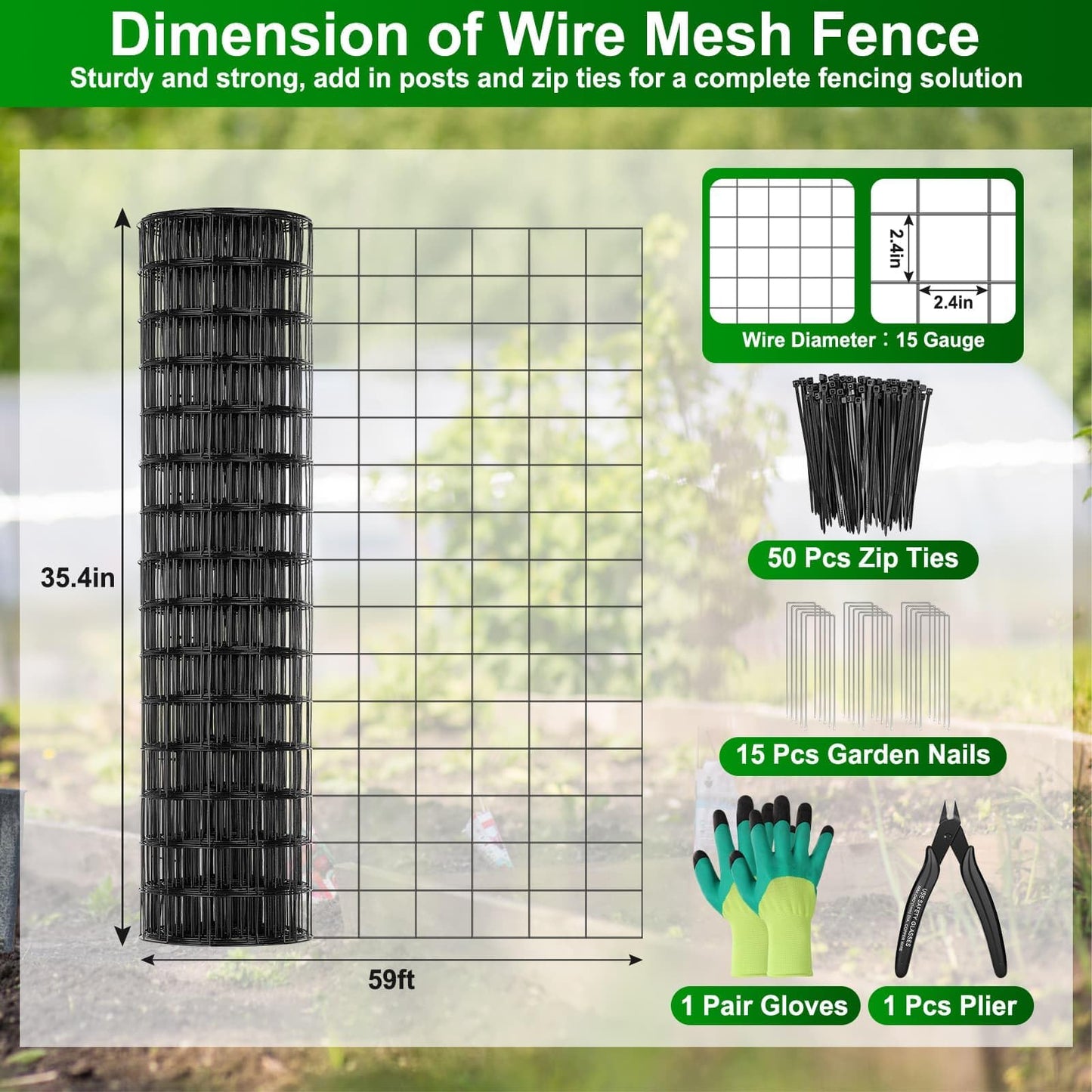 Black PVC Coated Welded Wire Fence 36 Inch x 59 Foot, 2.4" x 2.4" 15GA Garden Wire Fenceing Vinyl Coated Metal Wire Mesh Roll for Yard Vegetable Plant Protection Outdoor Dogs Chicken Poultry Netting