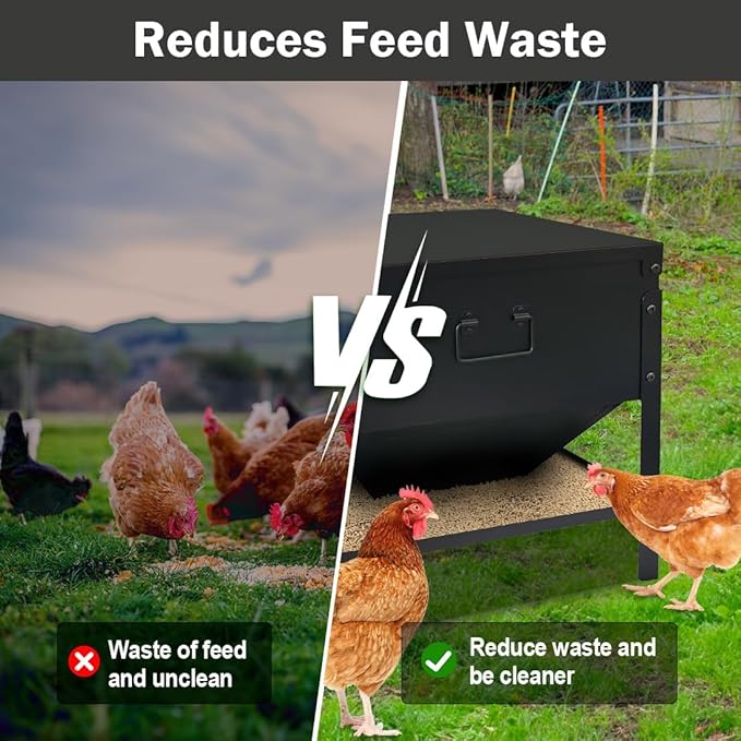 Metal Chicken Feeder No Waste, 60LBS Large Capacity Poultry Feeder, Adjustable Galvanized Steel Chicken Coop Feeder with Lid and Handle