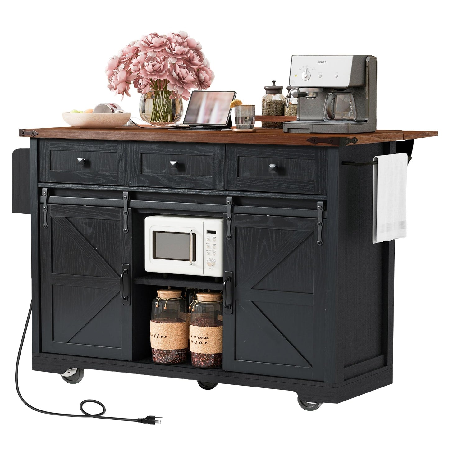 Casaphoria Kitchen Island with Storage, 53.7" Rolling Kitchen Cart on Wheels with Power Outlet, Drop Leaf, Spice Rack, Farmhouse Style, Black