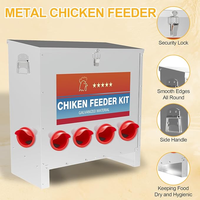 Automatic Chicken Feeder 6 Ports 85 Pounds Large Gravity Fed Chicken Feeder with Latch & Handle for Chickens, Geese, Ducks, Turkeys, Quails, Weatherproof