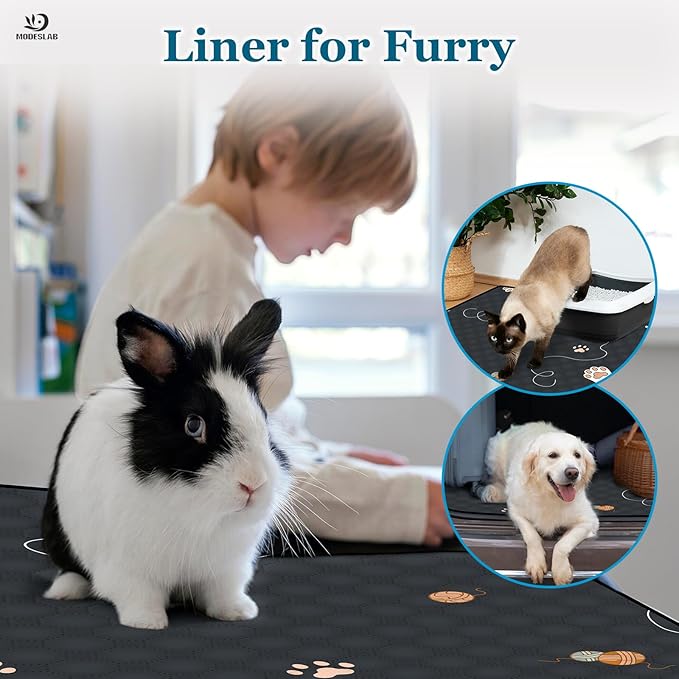 Guinea Pig Cage Liner Washable, 72in x 72in Ultra-Absorbent Guinea Pig Bedding for Cage Non-Slip Leak-Proof Pee Pads for Dogs Rabbit Bunny Cat Litter Mat, Black