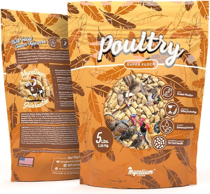 Mycelium Poultry Super Flock Feed (5 LB Bag) | High-Protein Poultry Feed with Probiotics & Vitamins | Supports Growth, Feather Health & Gut Function | Non-GMO, Made in USA