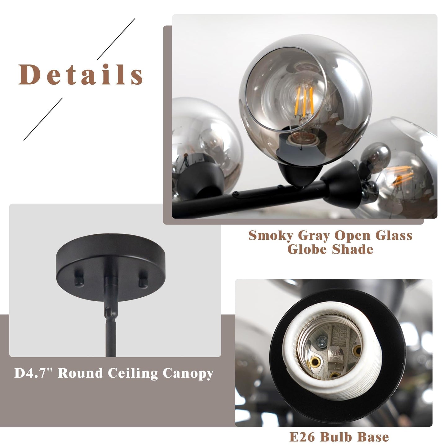 Lzawvm Dining Room Linear Chandelier 13 Lights Sputnik Chandelier Black Kitchen Island Smoky Gray Glass Globe Pendant Light for Living Room Farmhouse Sloped Ceiling, Dia 59 Inch