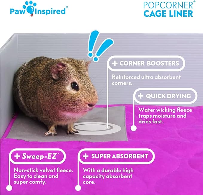 Paw Inspired PopCorner Guinea Pig Cage Liners | Washable Fleece Bedding or Pet Bed Mat for Small Animals | Super Absorbent Pee Pad with Reinforced Corners and Waterproof Bottom (Midwest, Light Gray)