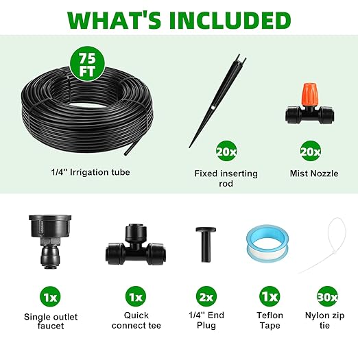 75FT Garden Irrigation System Kit, Greenhouse Watering System, Garden Watering System with 1/4" Tubing and Misting Nozzles, Quick Connector Design Automatic Irrigation System