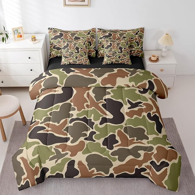 Feelyou Duck Hunter Green Camouflage Hunting 7 Pieces Bedding Set, Queen Size Black Brown All Season,Bed in a Bag with Comforter, Sheets, Pillowcases Camo Army Bed Set Breathable Wild Room Decor