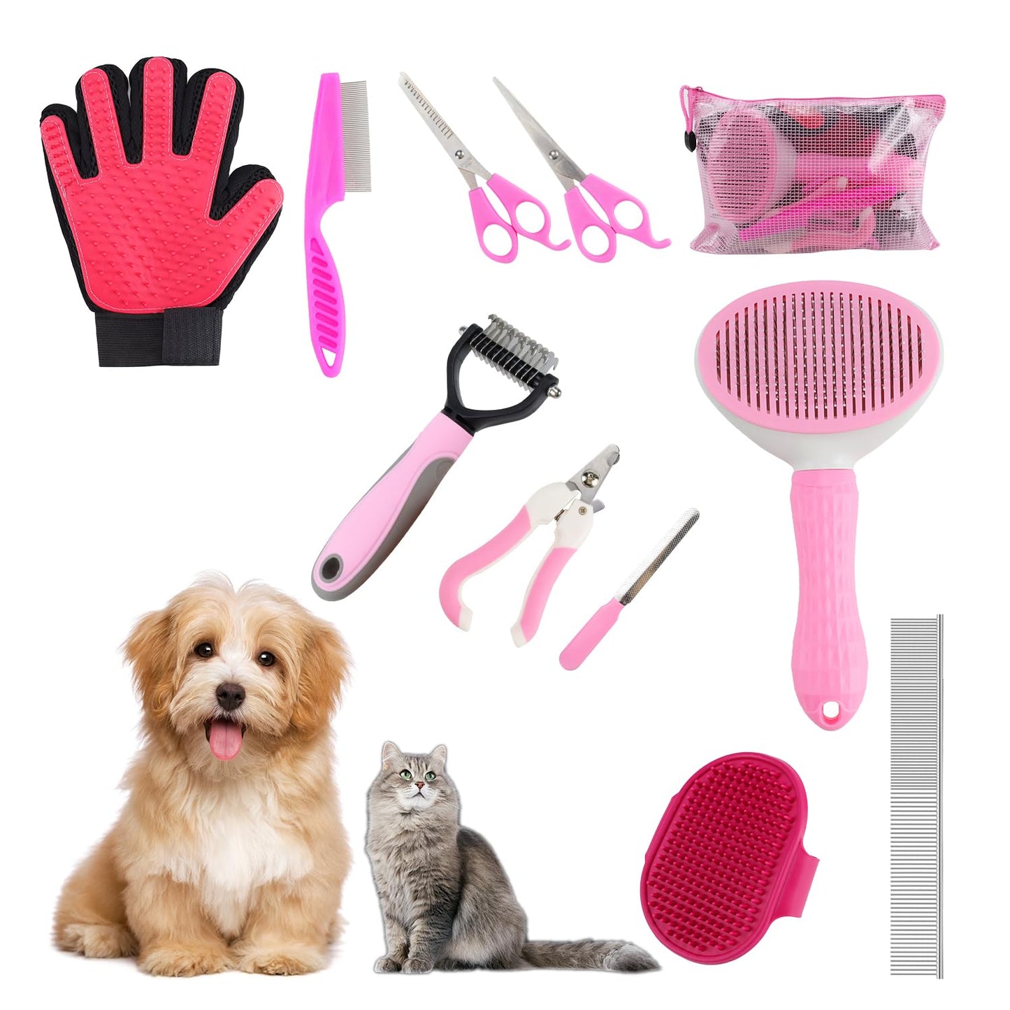 Dog Grooming Brush Shedding Kit, 10 Pcs All In One Pet Self Cleaning Kit with Slicker Brush, Deshedding Tool, Dog Grooming Scissors, Pet Nail Clippers and File for All Breeds of Dogs and Cats