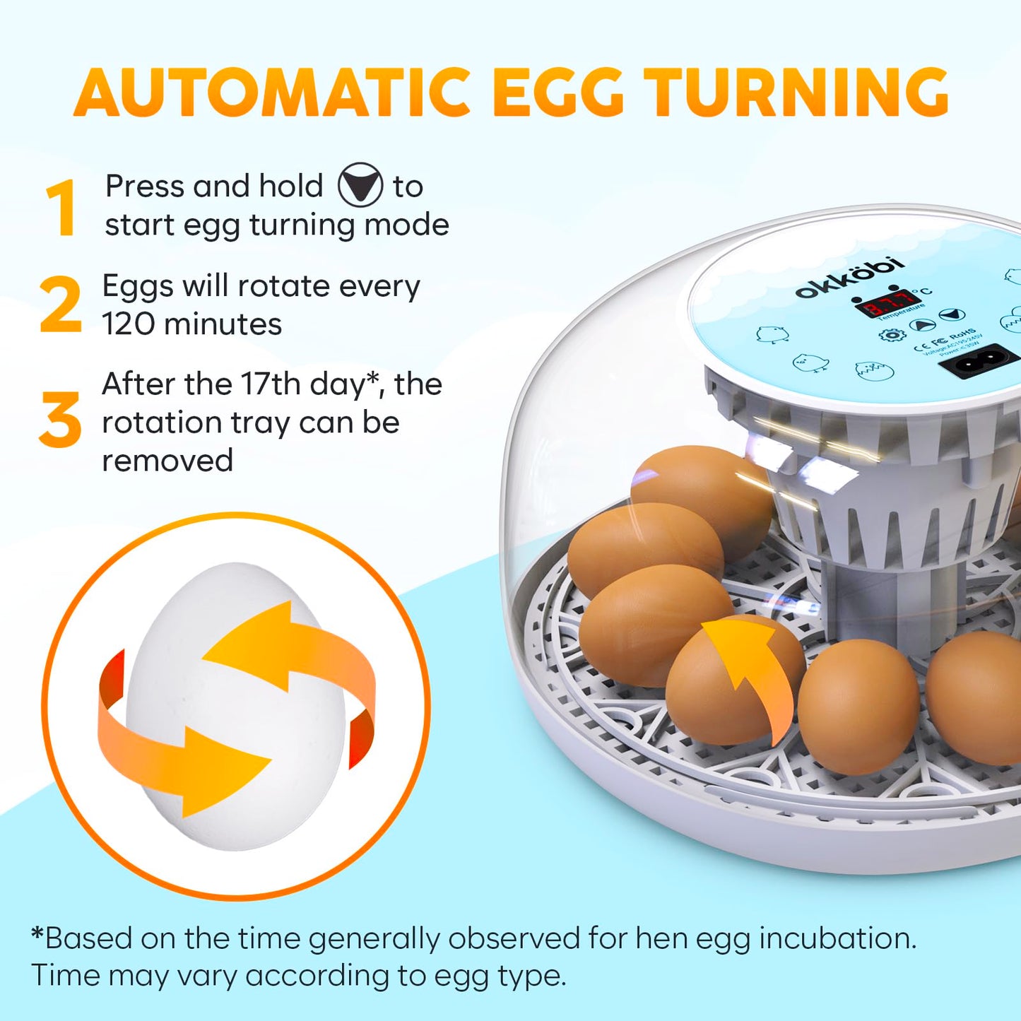 Okkobi M12 | Egg Incubator with Automatic Egg Turning and Humidity Control - 12/24 Eggs, 360° View, Easy to Use and Clean - Egg Incubators for Hatching Eggs - Incubadora de Huevos de Gallina