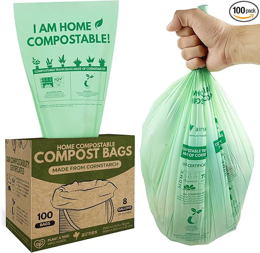 Compost Bags for Countertop Bin -Compostable Trash Bags made of Cornstarch - Leakproof & Tear Resistant Biodegradable Trash Bags - OK Compost Home & Seedlings Certified (8 Gallon, 100 Count)