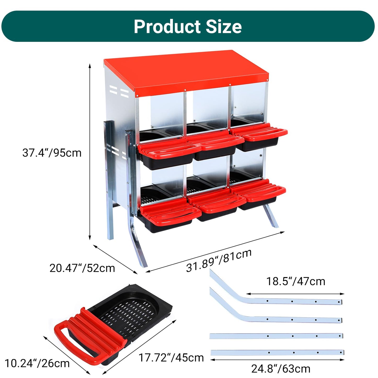 GarveeLife Nesting Boxes for Chickens, 6 Holes Chicken Nesting Boxes with Legs, Chicken Laying Box with Lid Cover, for Outdoor Chicken Coop Farm Yard, Red