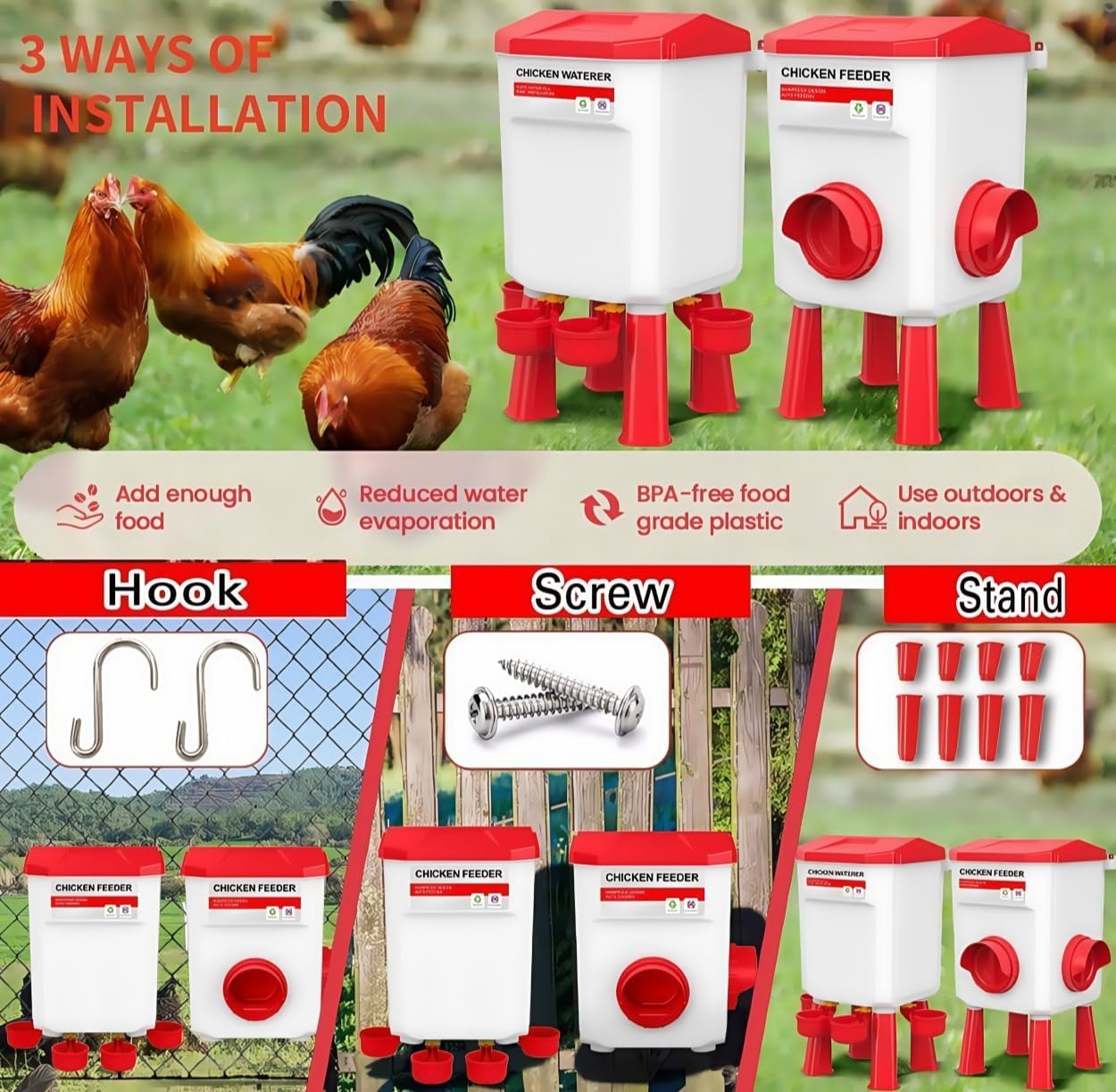 Automatic Chicken Feeder and Waterer Set(4 Buckets/2-3 gallons), 18 Pounds No Waste, Rain Proof Poultry Feeder, Avoid Small Animals, Suitable for Chicken, Duck, Turkey(Red Color)