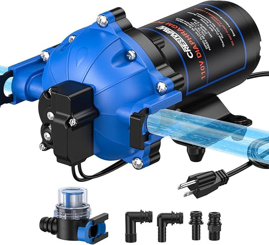 CrestWave 110V Water Pressure Booster Pump, 7GPM 70PSI, 5-Chamber Diaphragm Pump with Quick Connect Ports, Self-Priming Water Pump with Pressure Switch & Strainer for RV, Domestic, Irrigation, Marine