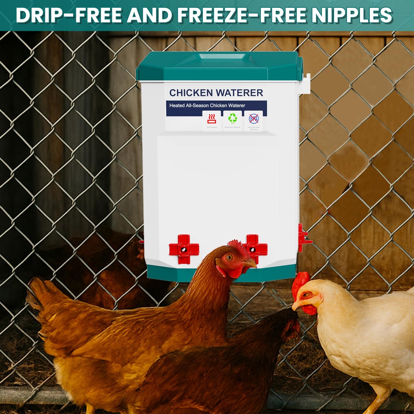 Nexum Heated Chicken Waterer - 2 Gallon Winter-Proof Poultry Drinker with Nipples and Stand, Auto Thermostat for Chickens, Ducks & Quail - Freeze-Resistant, Easy Fill (Blue, 2 Gallon)