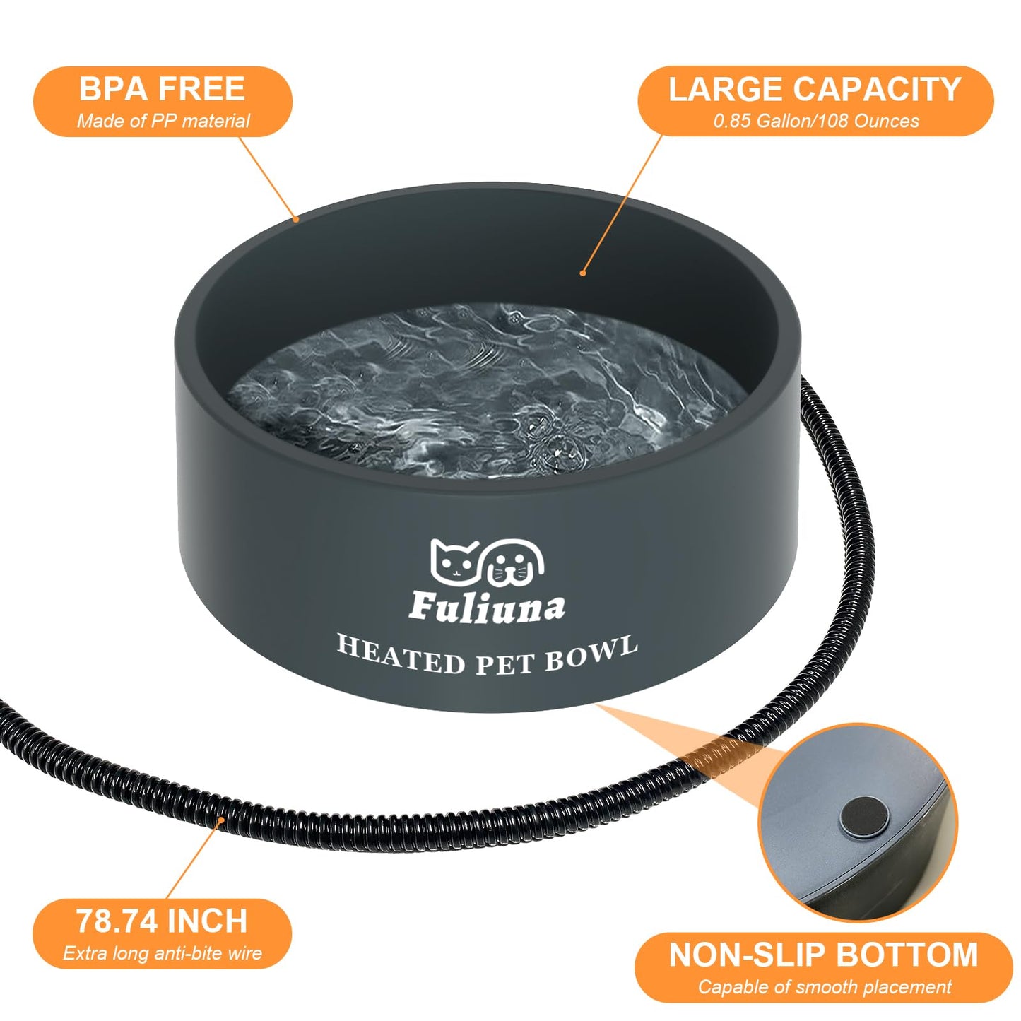 Fuliuna Large Heated Water Bowl, Outdoor Heated Dog Bowl with Chew Resistant Power Cord, Thermal Bowl Provide Drinkable Water in Winter, Heated Pet Bowl for Cat Rabbit Chicken Duck Squirrel 0.85 Gal