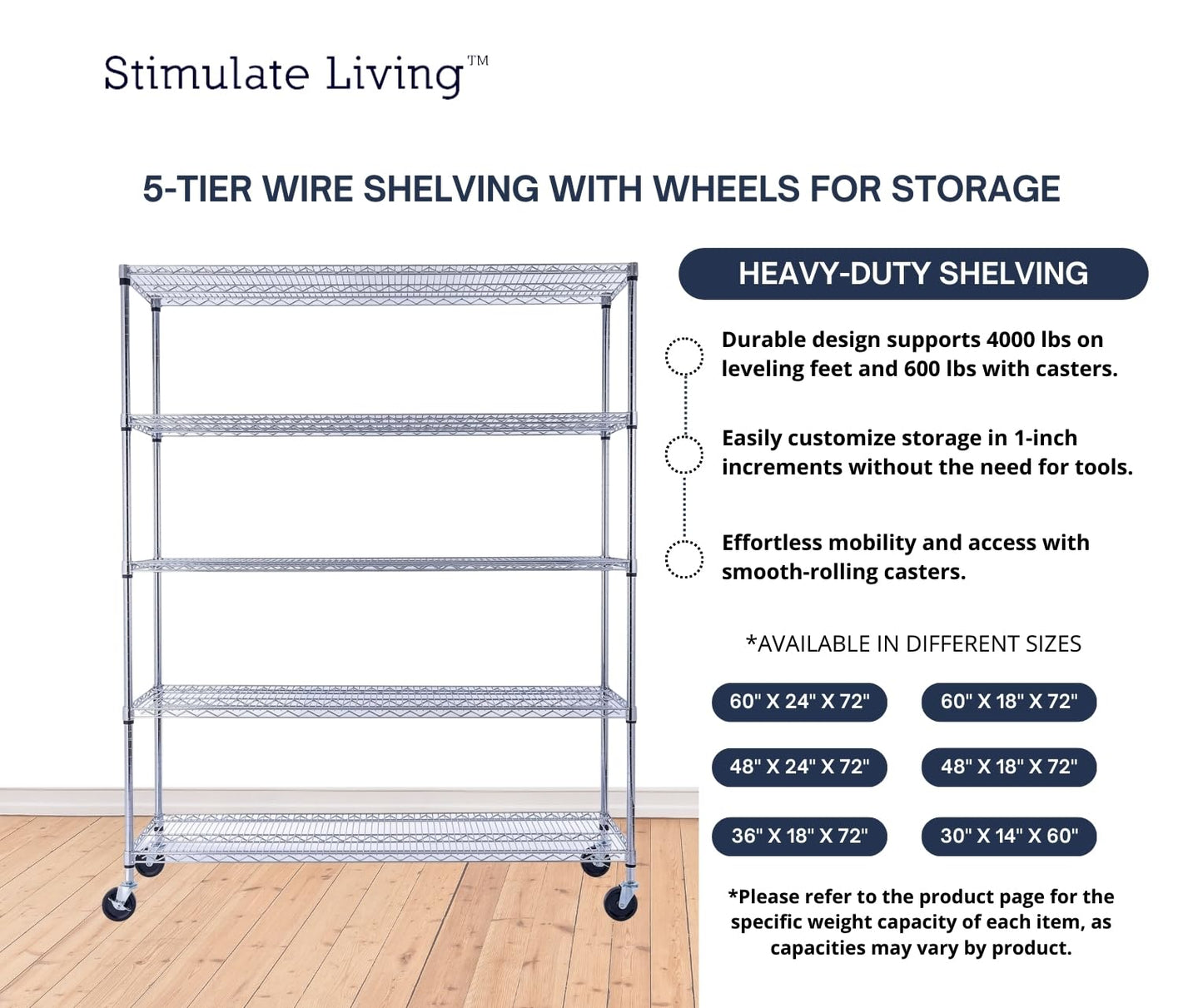 60"x18"x72" PRIME HEAVY DUTY Chrome 5-Tier Wire Shelving 4000 LBS MAX Capacity Storage Rack for Commercial, School, Home, Garage, Warehouse, Industrial, and Hospital Uses (with Wheels)
